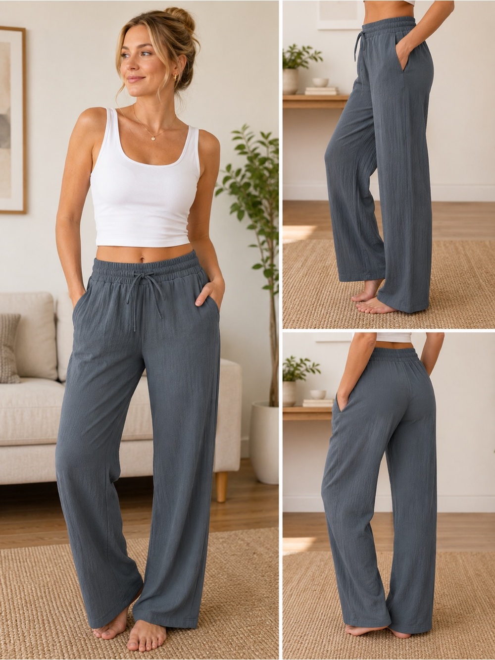 Crinkle Drawstring Lounge Pants - Slate Blue Gray